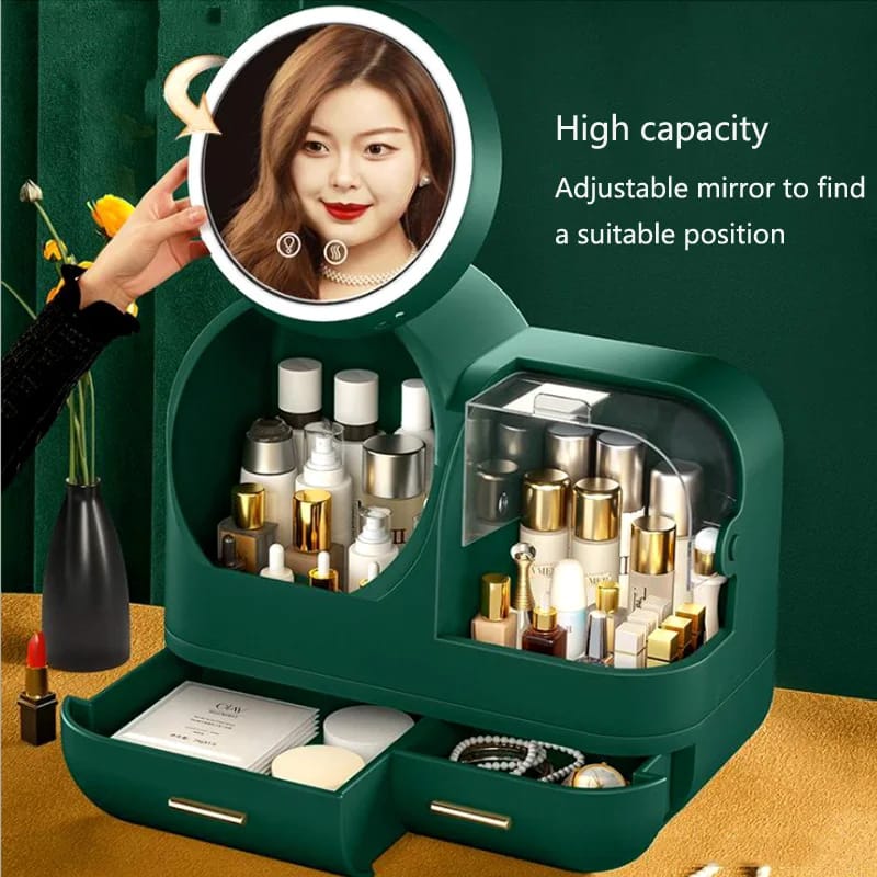 Creative Cosmetic Organizer with Mirror, Led Light and Fan.