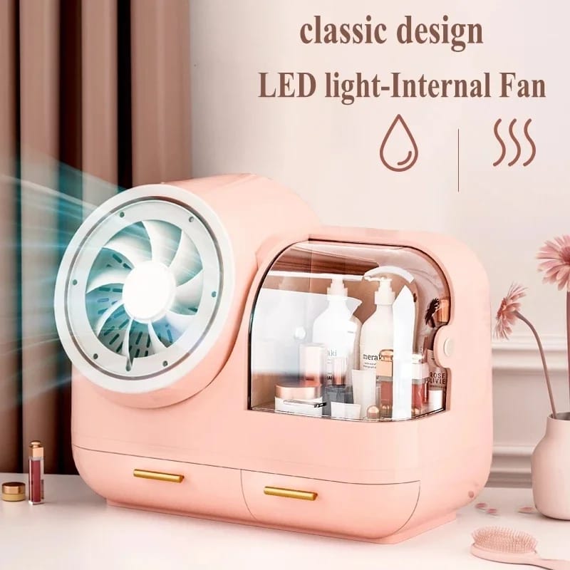 Creative Cosmetic Organizer with Mirror, Led Light and Fan.