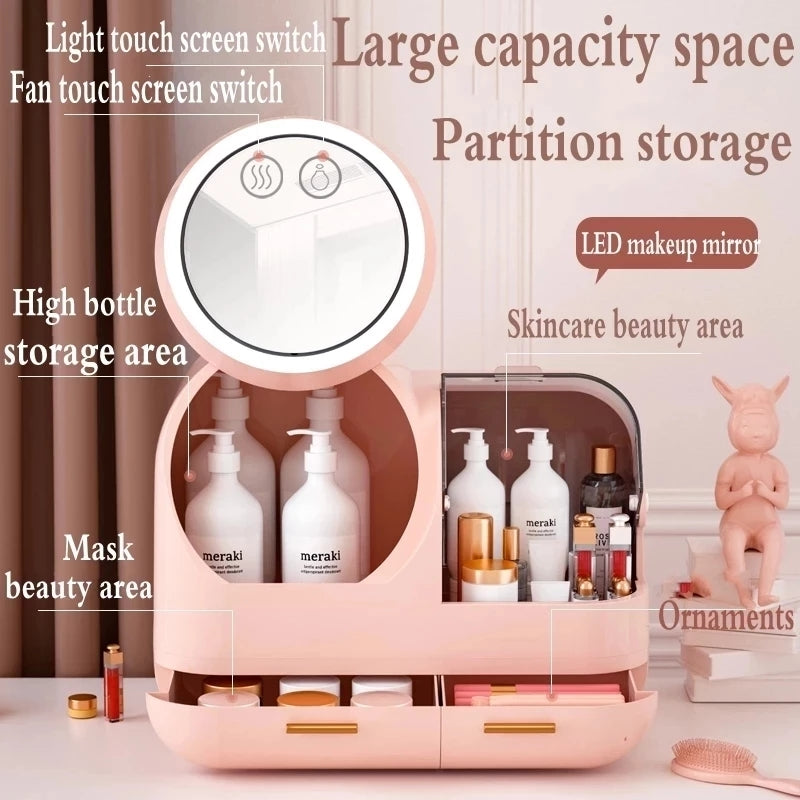 Creative Cosmetic Organizer with Mirror, Led Light and Fan.